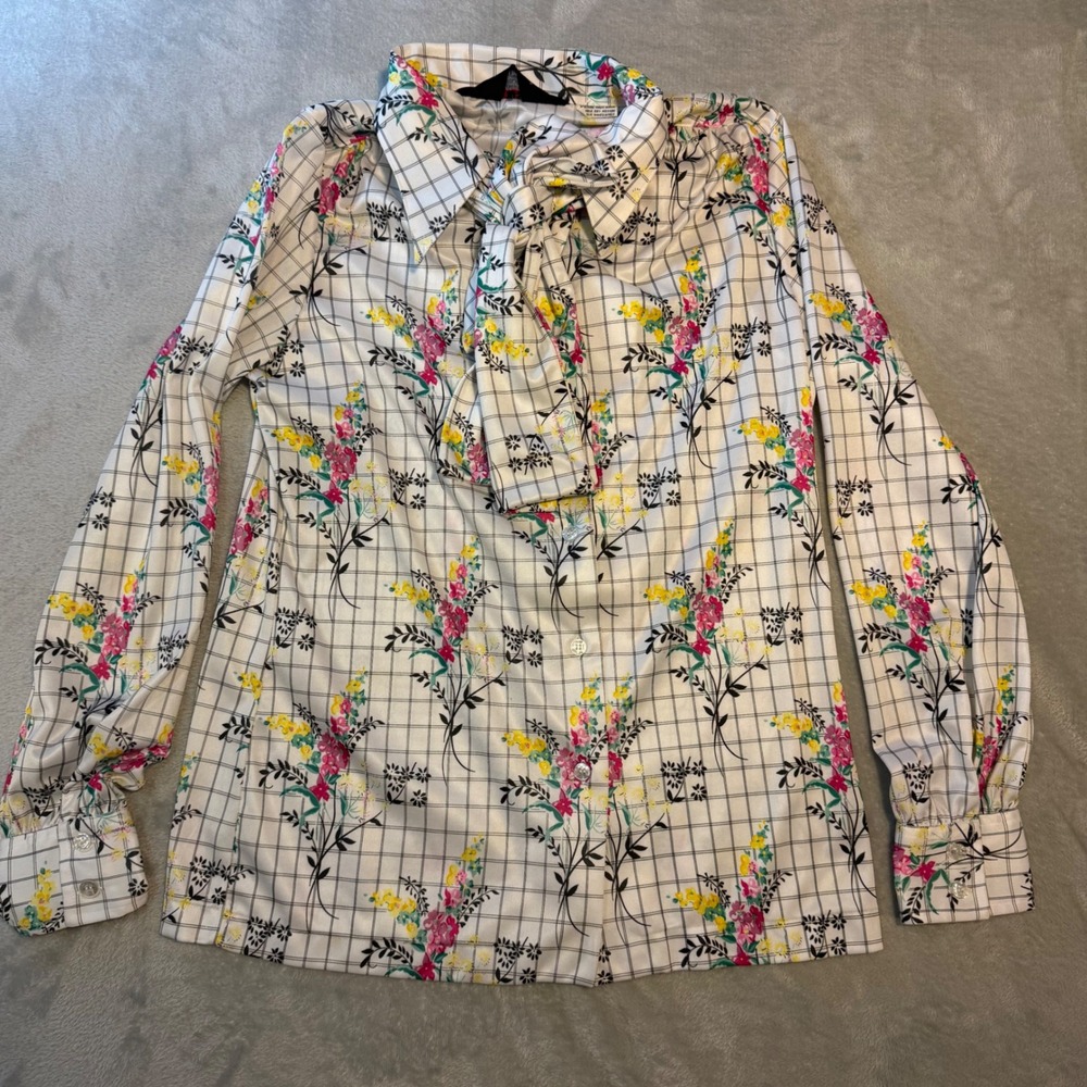 Vintage Rare Floral Grid Pussycat Bow Blouse Women Large Spring office 70s Retro